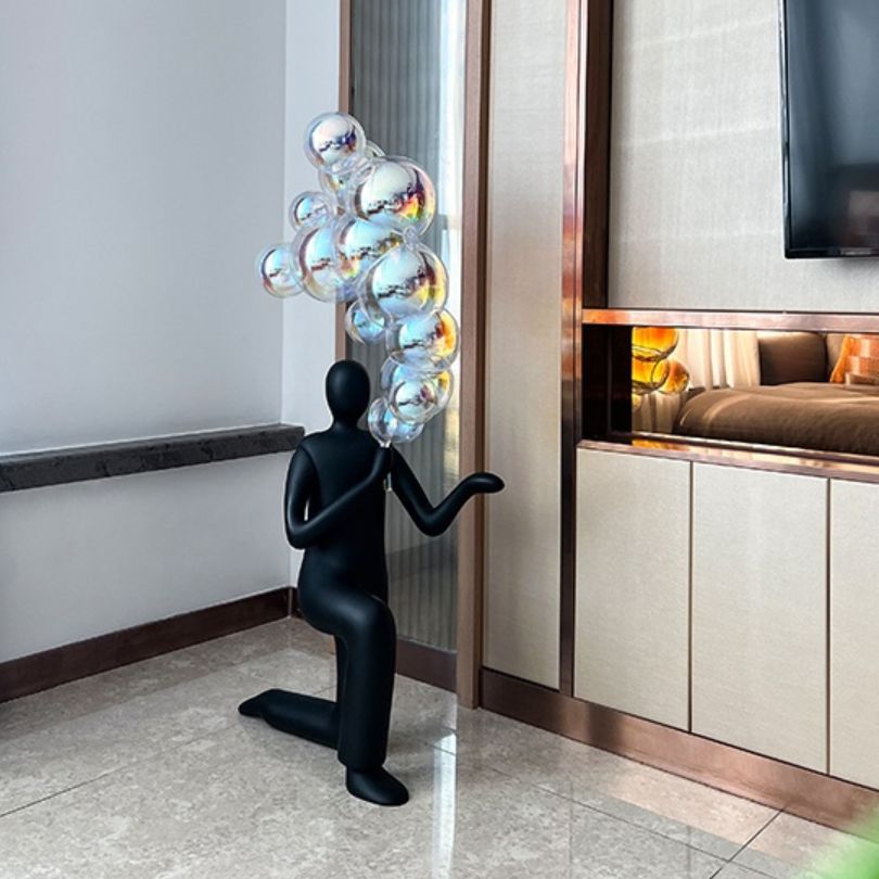 Front view of the vibrant modern abstract bubble sculpture showcasing its unique design.