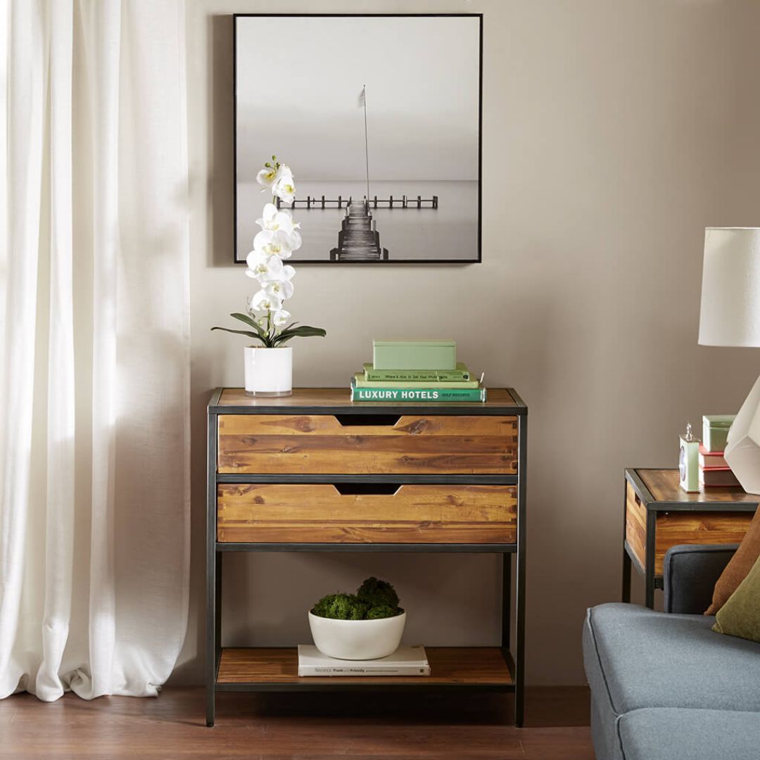 Chic Acacia Wood 2-Drawer Accent Chest showcasing its natural wood finish and metal frame.