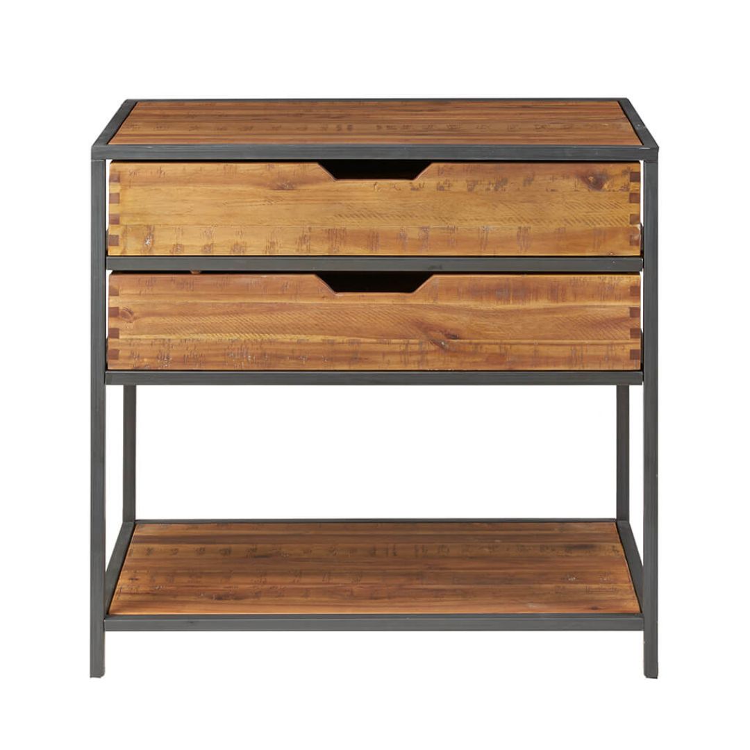 Chic Acacia Wood 2-Drawer Accent Chest showcasing its natural wood finish and metal frame.