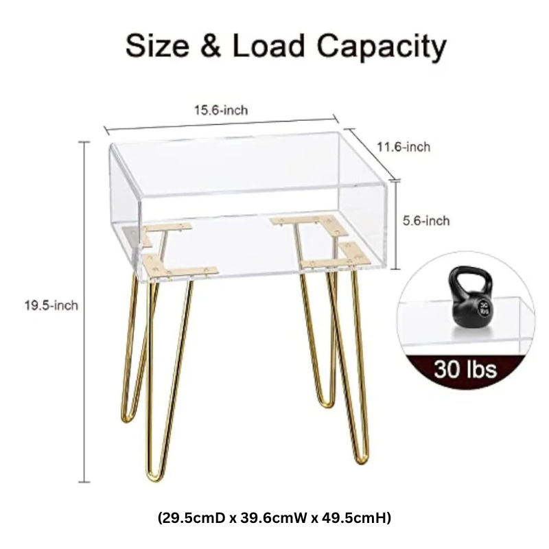 Acrylic nightstand with open shelf displaying magazines and decor items.