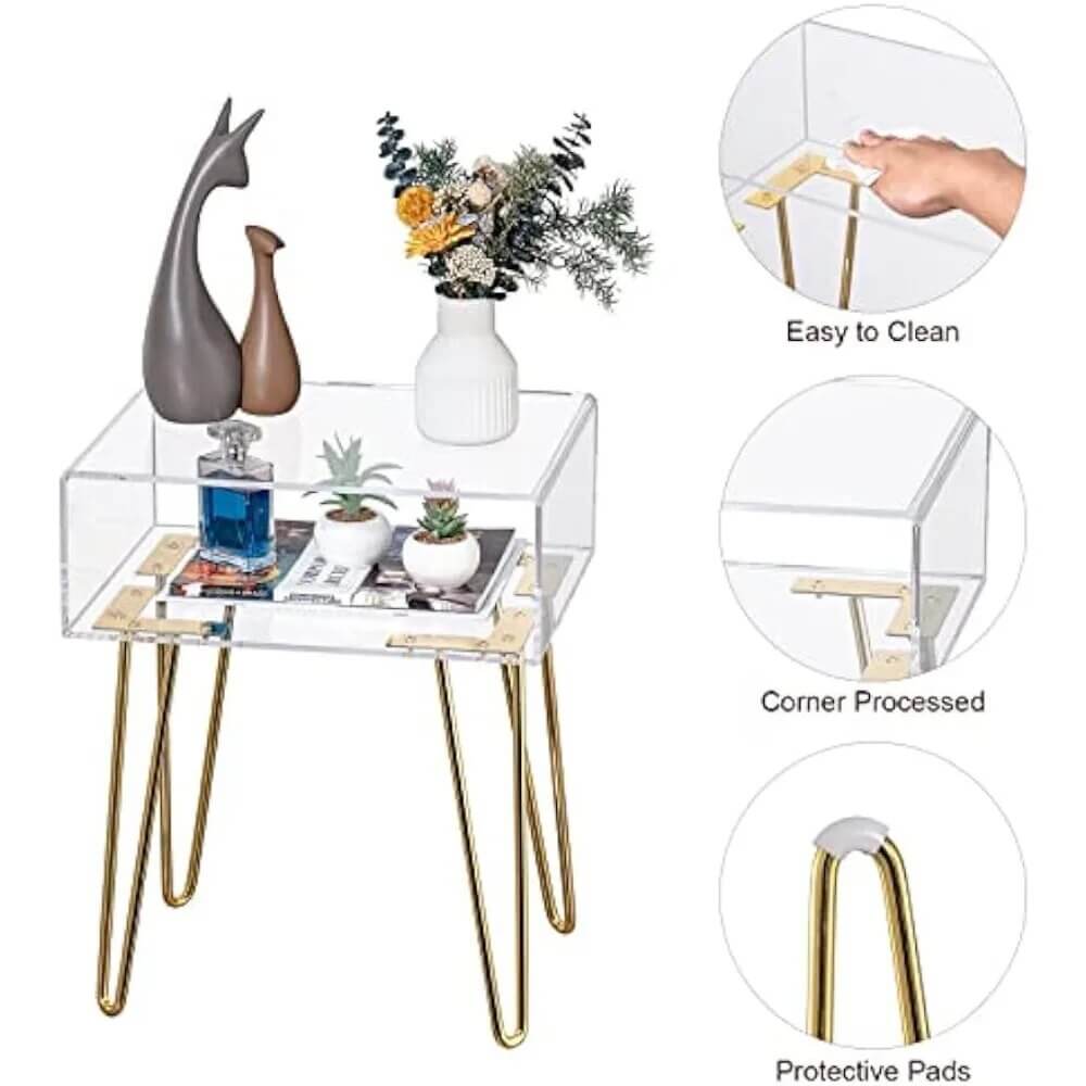 Chic acrylic nightstand showcasing metal legs from a side angle.