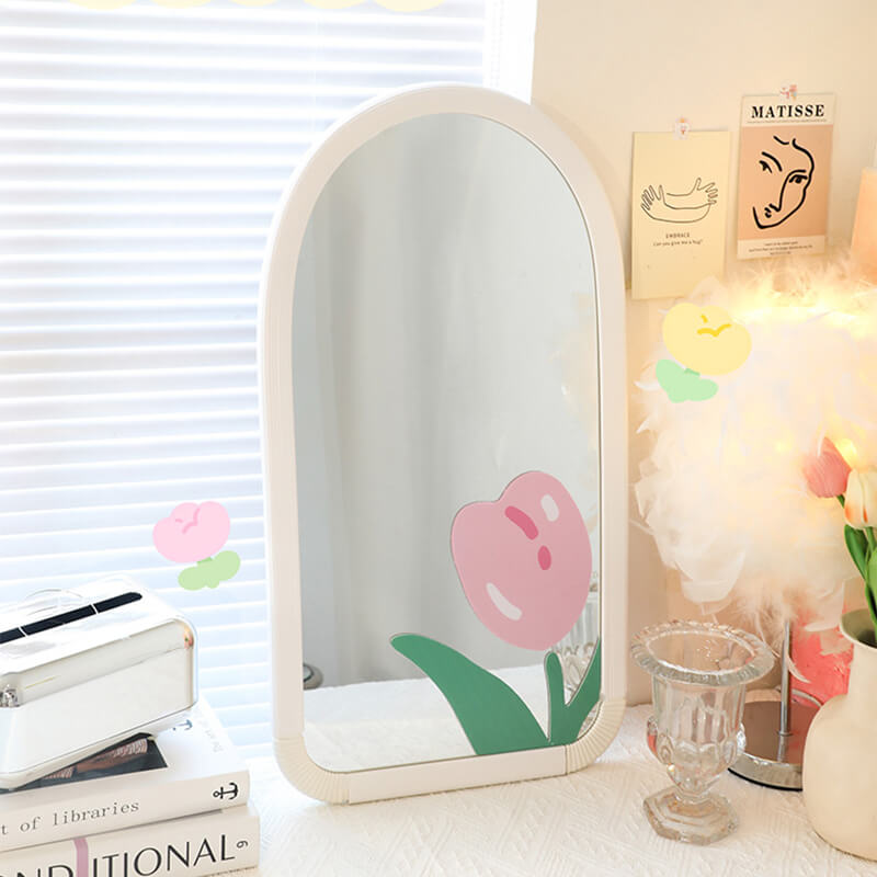 Wall-mounted aesthetic mirror in a girls bedroom, highlighting its contemporary style and color options.