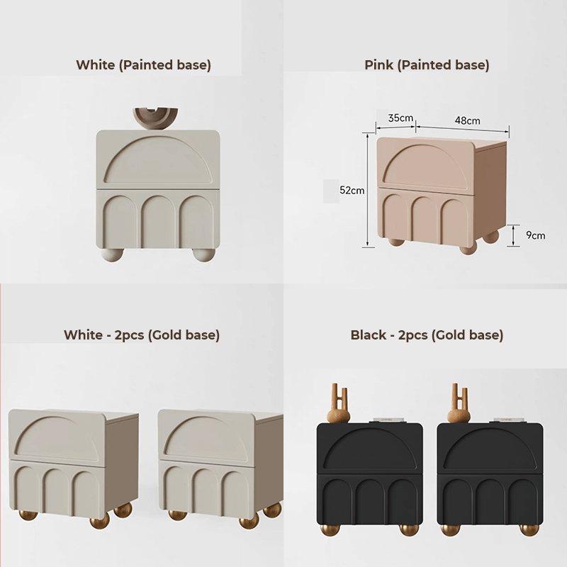 Elegant Modern Arch Nightstand showcasing its sleek design and metal hardware from the side.