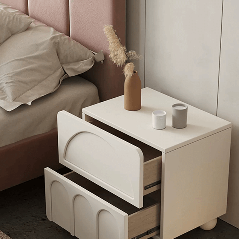 Elegant Modern Arch Nightstand showcasing its sleek design and metal hardware from the side.