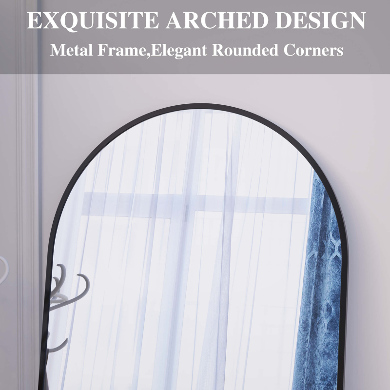 Close-up of the frame of the modern arch mirror highlighting its minimalist style.