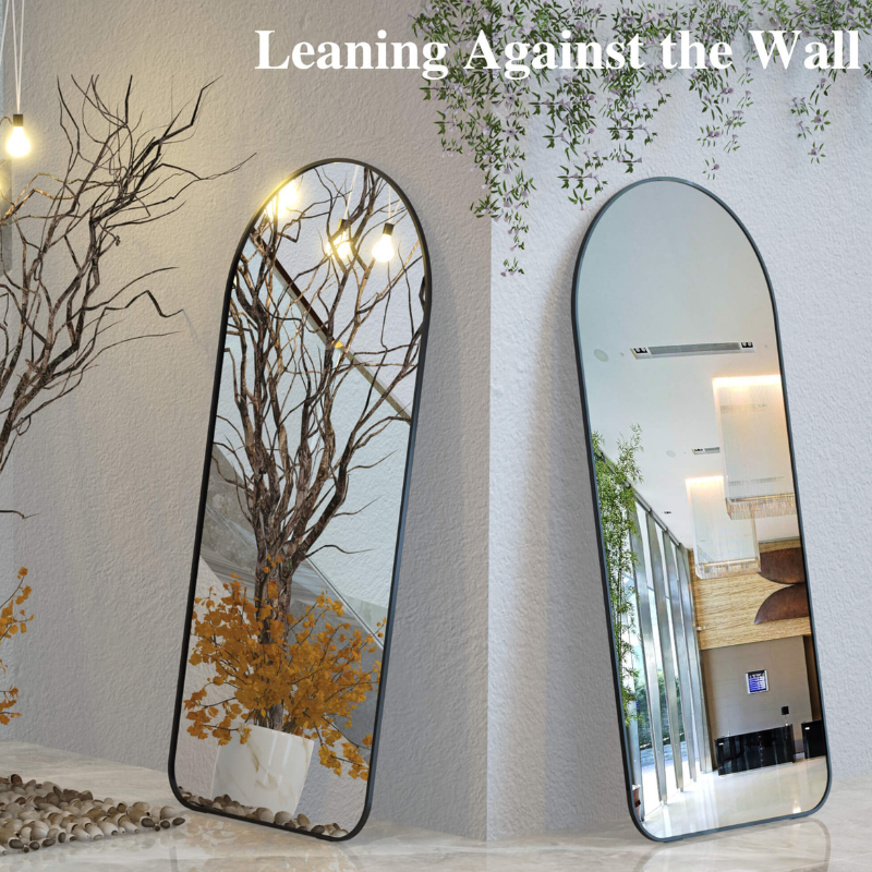 Full-length view of the arch mirror in a stylish bedroom, emphasizing its functional elegance.
