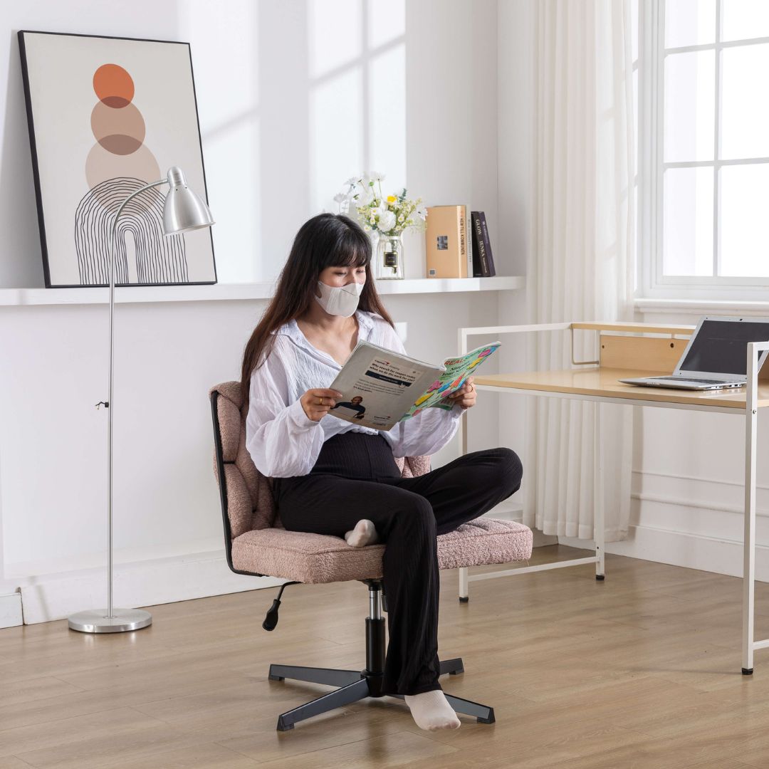 The chair set up in a cozy home office environment, demonstrating its functionality and aesthetic appeal.