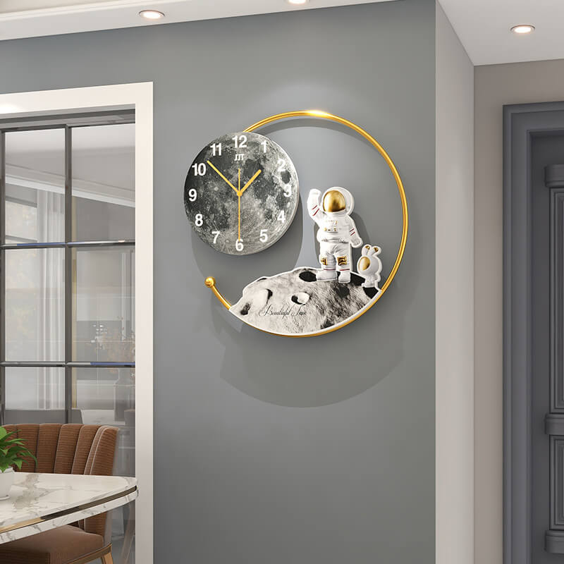 Close-up view of the Stellar Astronaut Moon Landing Wall Clock showcasing its intricate design and modern aesthetics.