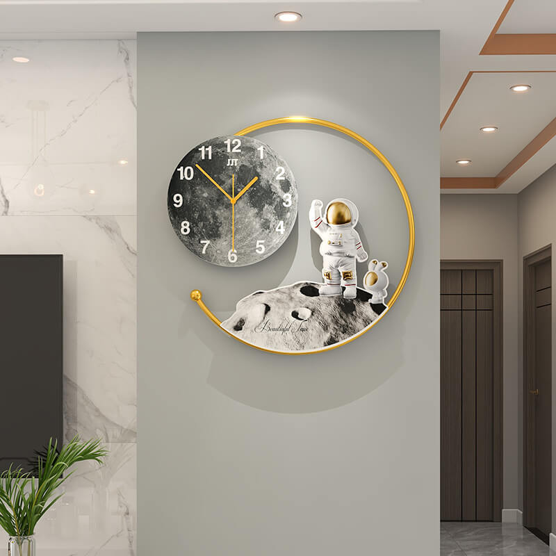 The Stellar Astronaut Wall Clock displayed in a living room, enhancing the astronaut decor with its unique theme.