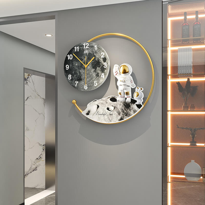 Close-up view of the Stellar Astronaut Moon Landing Wall Clock showcasing its intricate design and modern aesthetics.