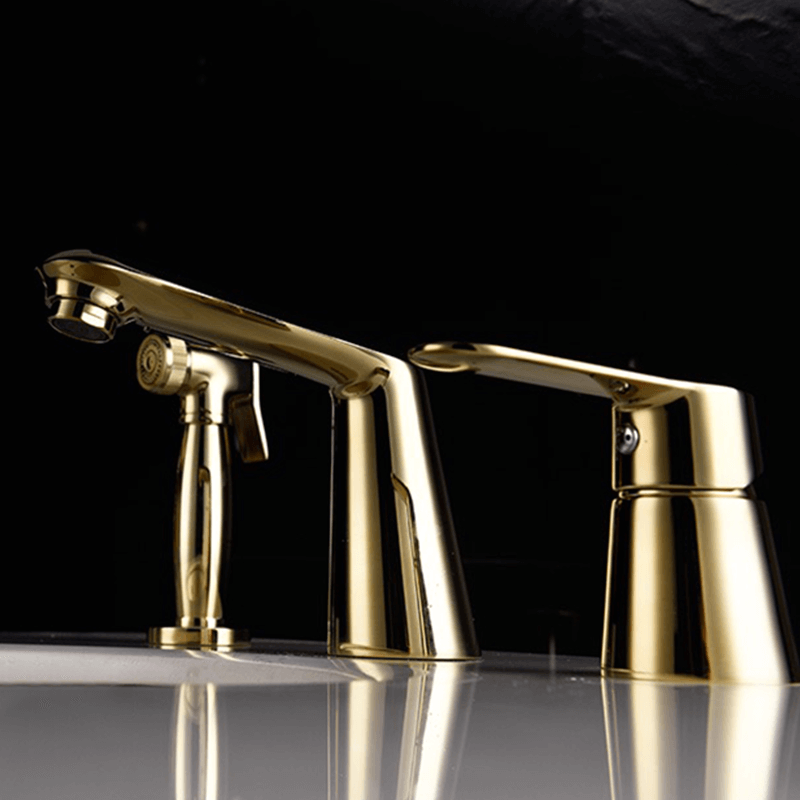 Side view showcasing dual handles and deck mounted setup of the bathroom faucet