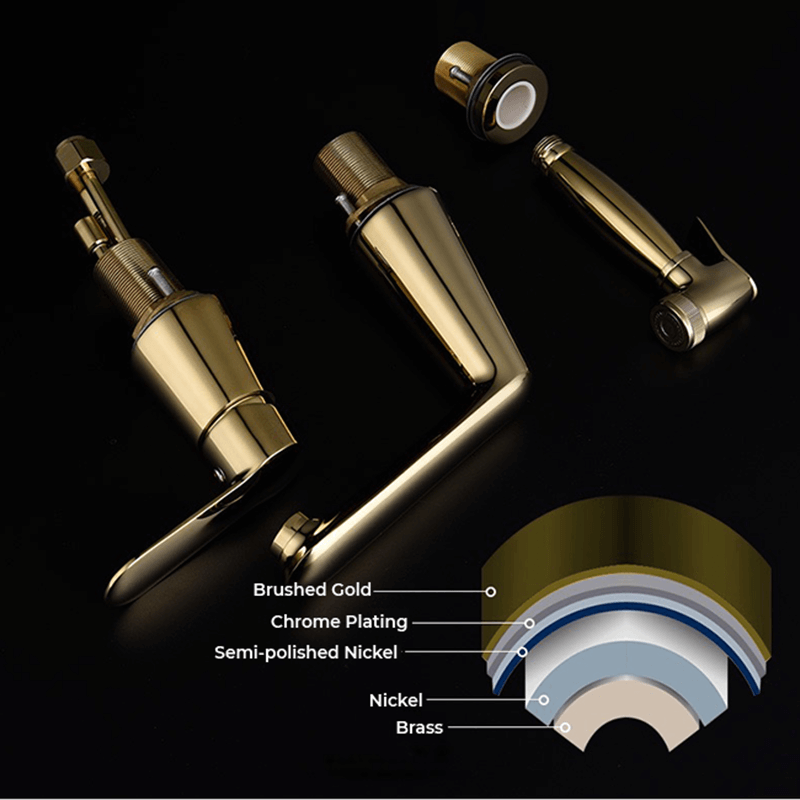 Close-up of the modern sink faucet sprinkler feature in use with water flow