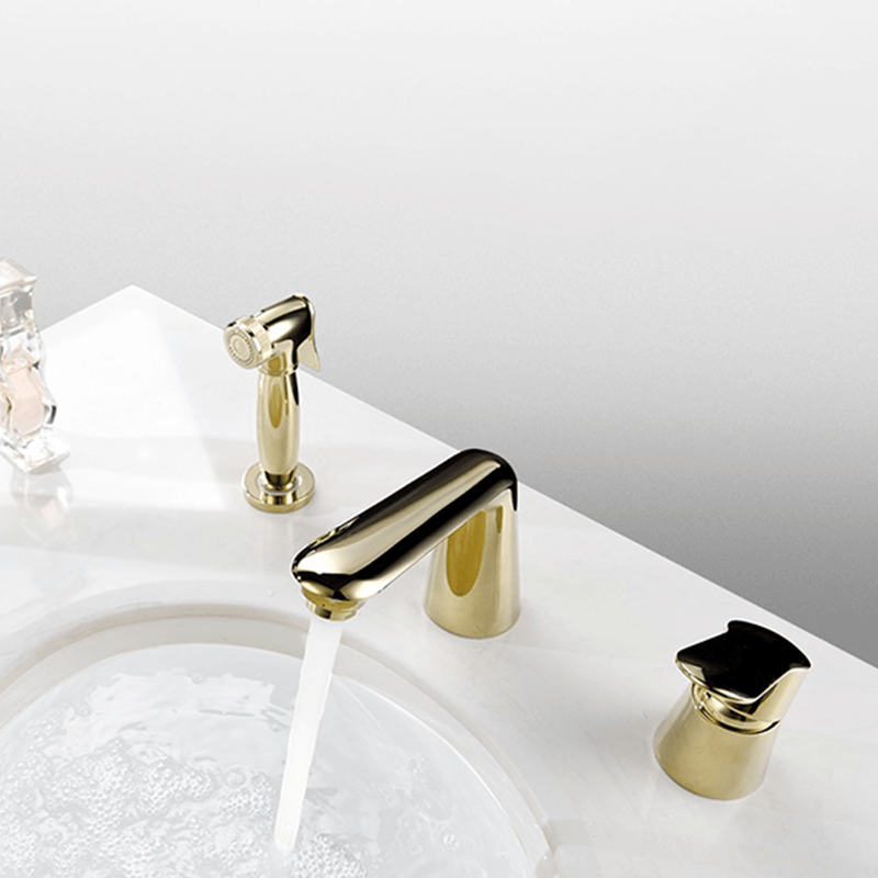 Front angle showing the sleek black finish of the sprinkler faucet installed on a basin