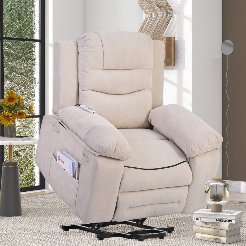 Side view of the Modern Beige Power Lift Massage Recliner Chair showcasing its elegant design and side pocket.