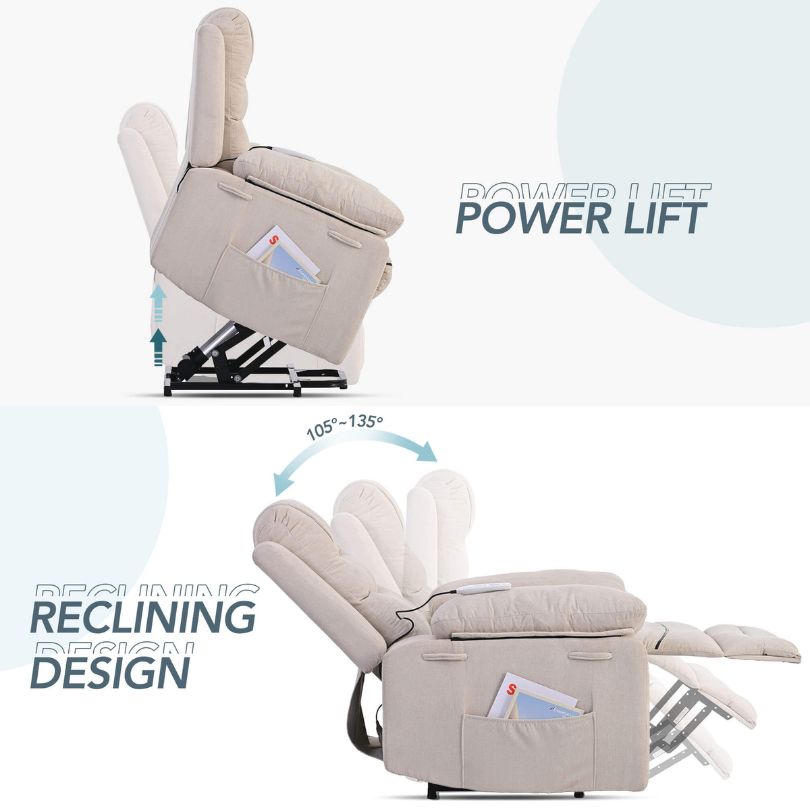 Side view of the Modern Beige Power Lift Massage Recliner Chair showcasing its elegant design and side pocket.