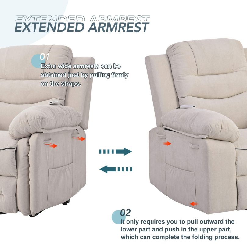 Side view of the Modern Beige Power Lift Massage Recliner Chair showcasing its elegant design and side pocket.