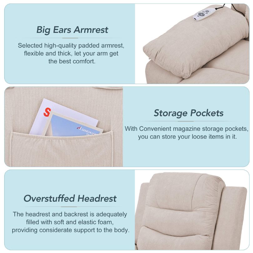A cozy living room setup featuring the Modern Beige Power Lift Massage Recliner Chair in use.