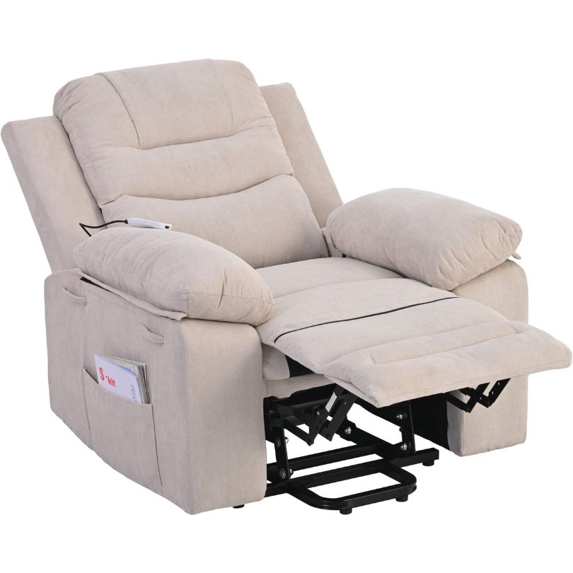 A cozy living room setup featuring the Modern Beige Power Lift Massage Recliner Chair in use.
