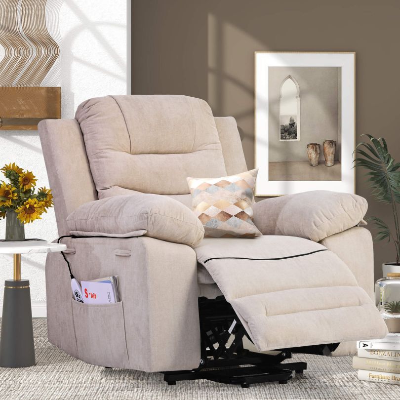 Detailed close-up of the massage control panel on the Modern Beige Massage Recliner Chair.