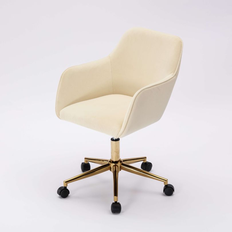 Close-up view of the adjustable gold metal base of the modern desk chair.