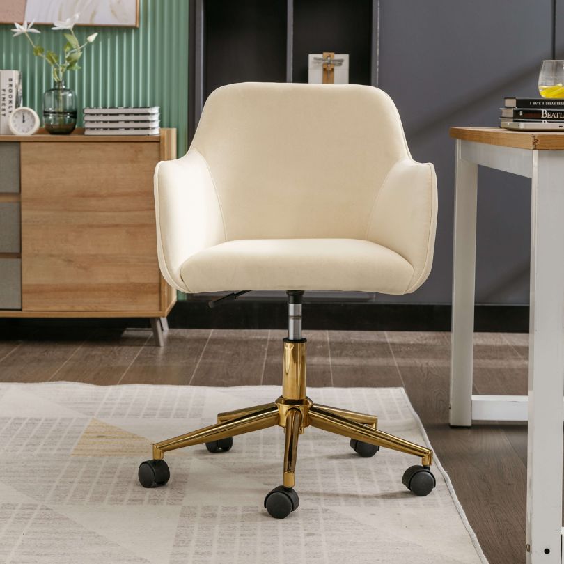 360-degree swivel office chair in a modern beige color, ideal for home office setups.