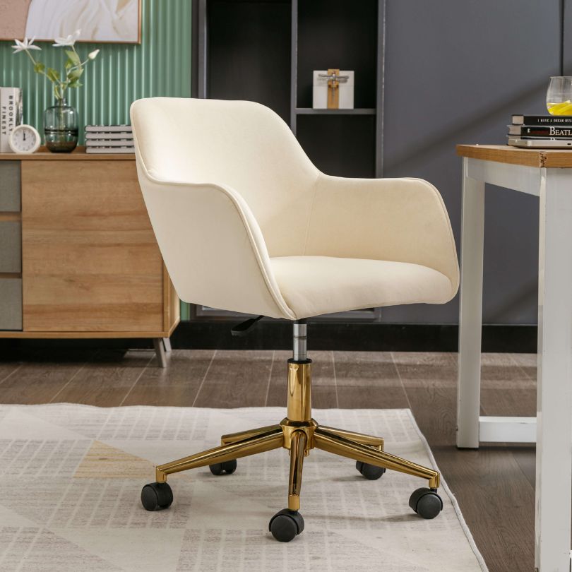 360-degree swivel office chair in a modern beige color, ideal for home office setups.