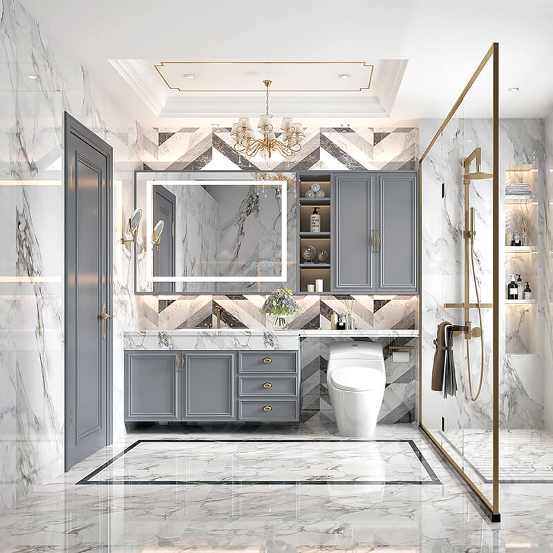 Front view of the sleek silver LED bathroom mirror showcasing the beveled edges and lighting options.