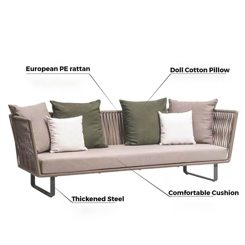 Close-up of the coffee table and footstool from the Elegant Rattan Modular Outdoor Sofa Set, highlighting the craftsmanship.