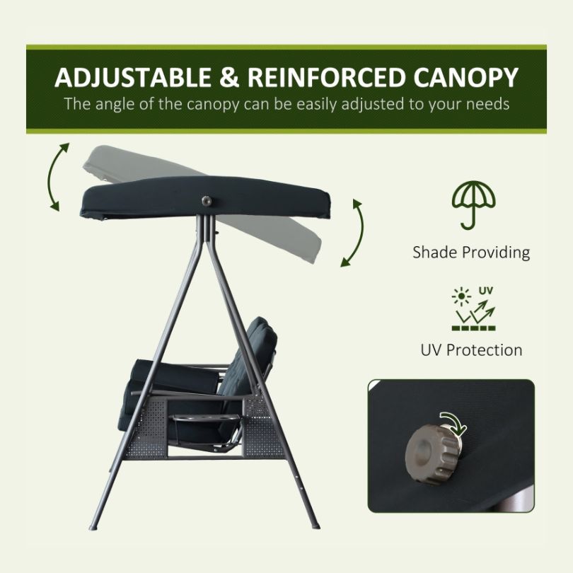 Stylish black canopy swing chair in a garden setting, perfect for outdoor seating.