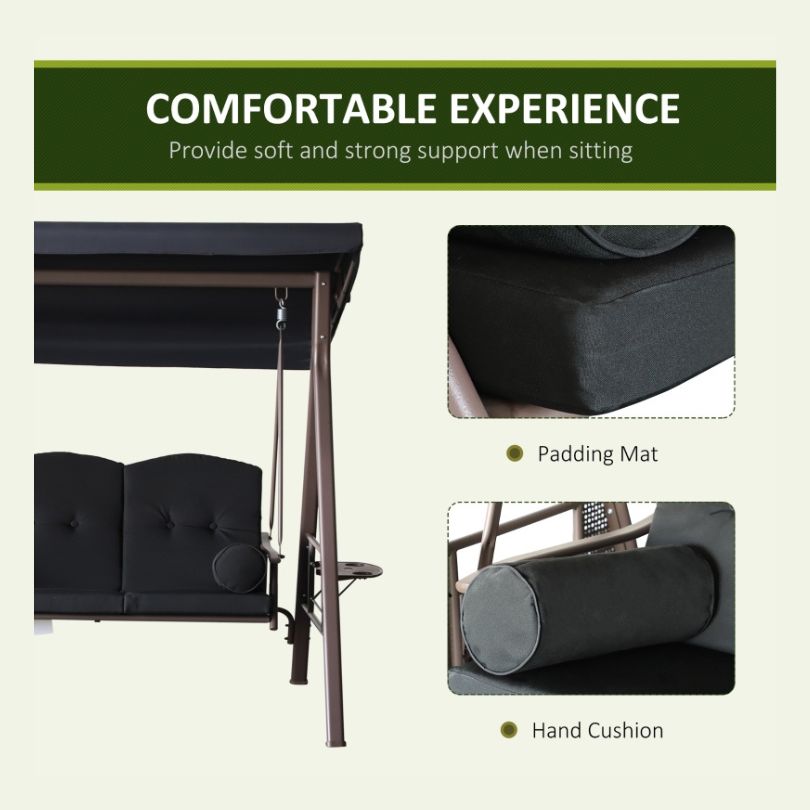 Close-up of the durable fabric and steel frame of the patio swing chair.