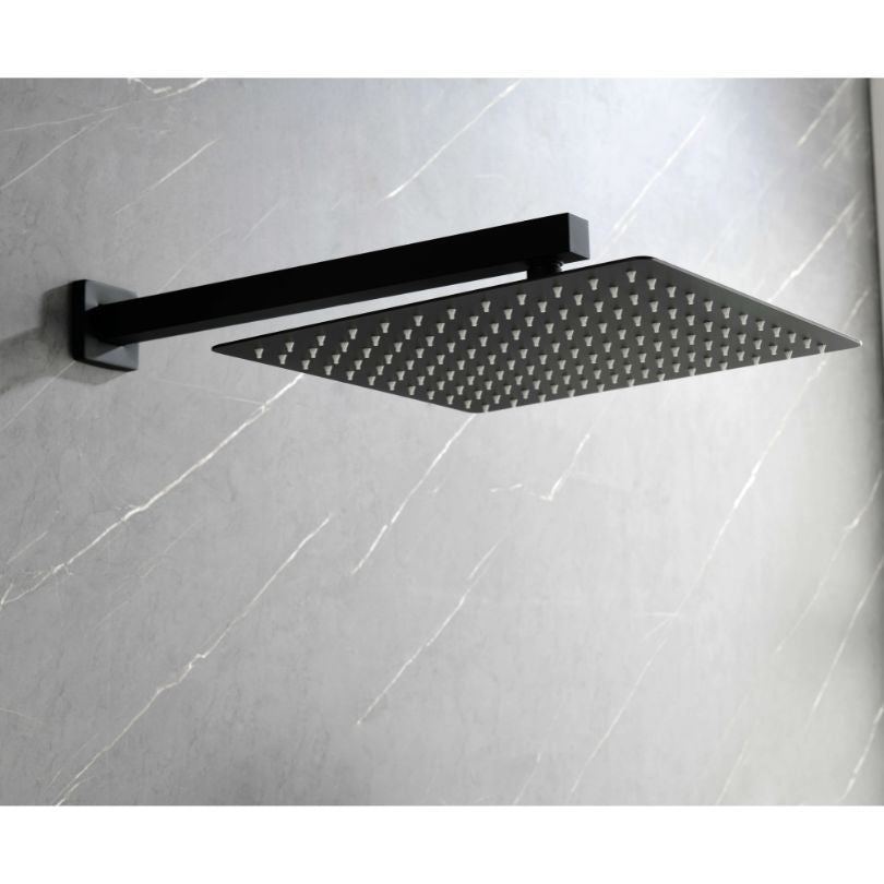 Side view of matte black brass shower system installed in modern bathroom