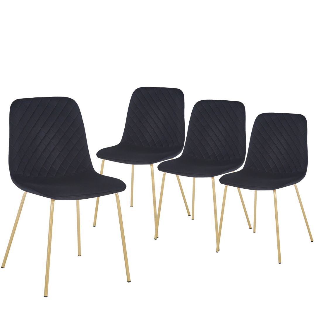 Elegant view of black velvet dining chair with gold legs, showcasing its modern design.