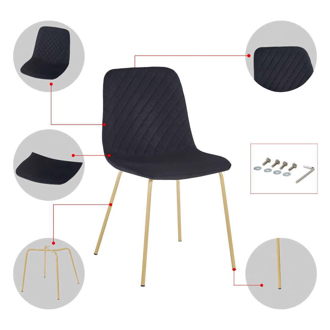 Close-up of the gold legs on a black dining chair, highlighting the sleek finish and craftsmanship.