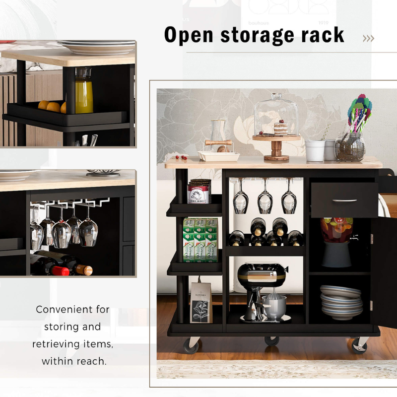 Modern black kitchen cart with wine glass holder and side storage shelves from a front angle.