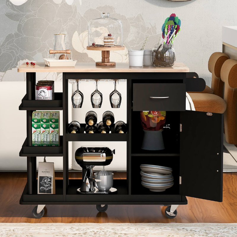 Kitchen storage cart with wheels, showcasing its functionality in a cozy kitchen setting.