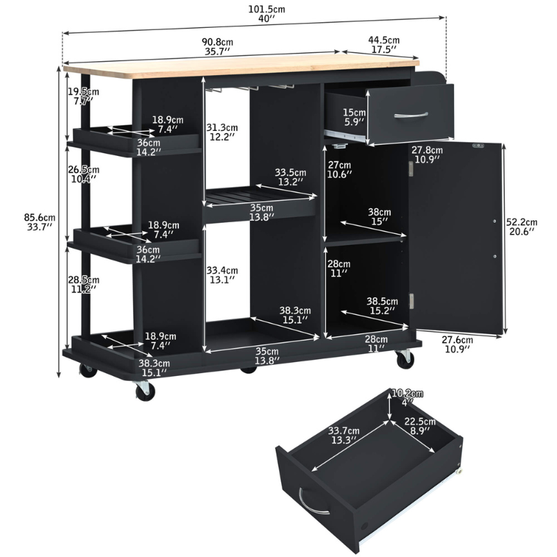 Modern black kitchen cart with wine glass holder and side storage shelves from a front angle.
