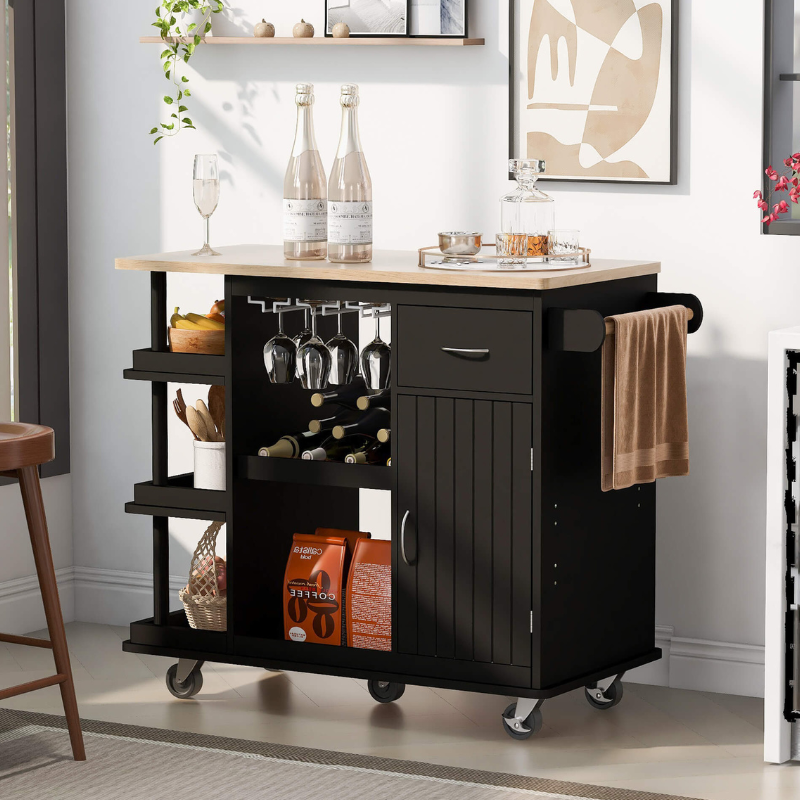 Modern black kitchen cart with wine glass holder and side storage shelves from a front angle.