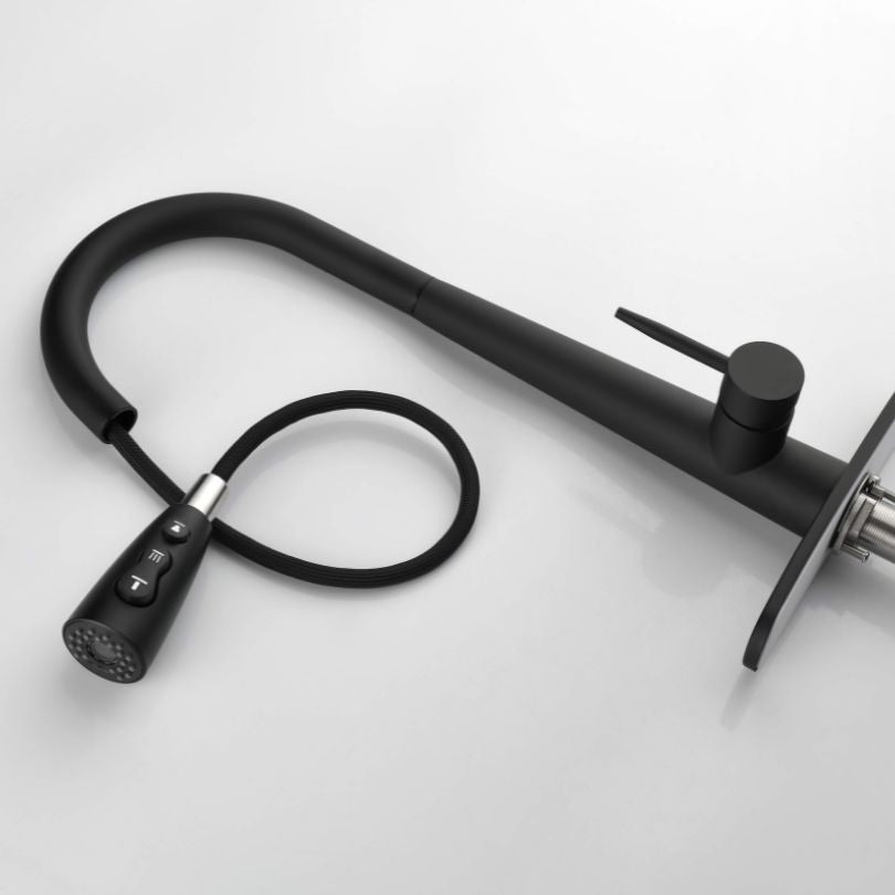 Close-up of the elegant single handle on the black kitchen faucet with pull-out sprayer.