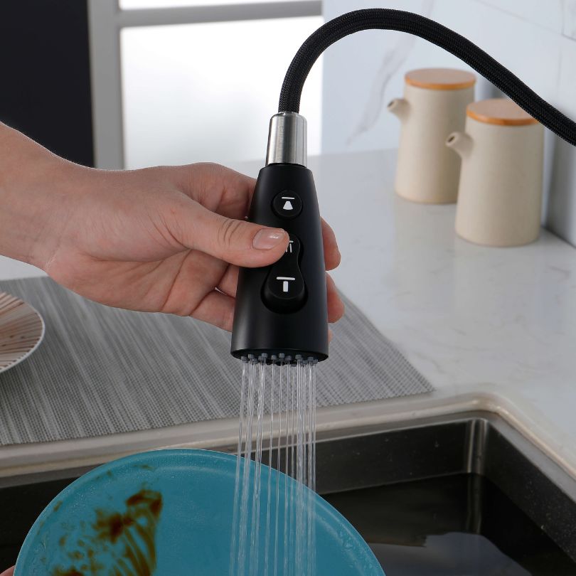 Side view of the high arc black kitchen faucet showcasing its brushed nickel finish.