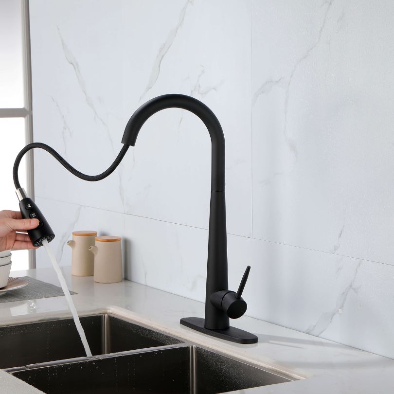 Close-up of the elegant single handle on the black kitchen faucet with pull-out sprayer.