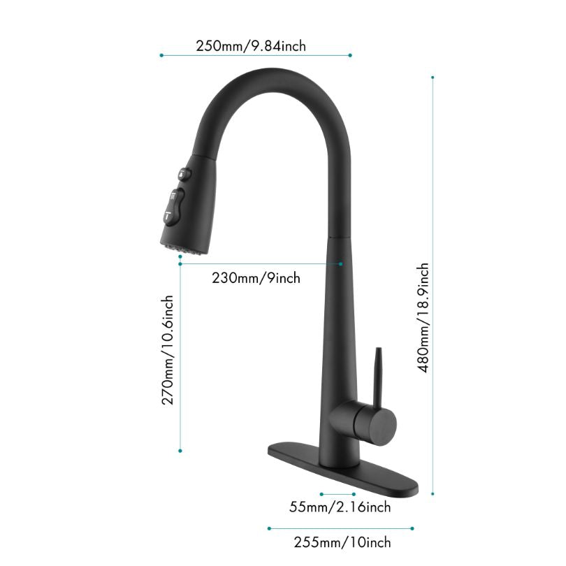 Sleek black kitchen faucet featuring a pull-out sprayer in a modern kitchen setting.