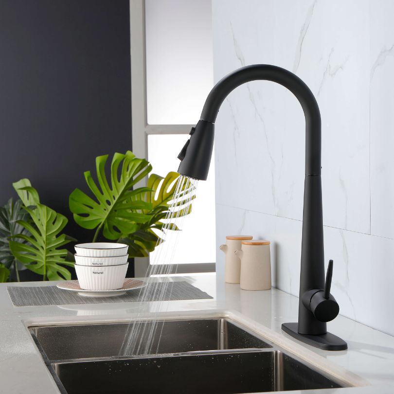 Sleek black kitchen faucet featuring a pull-out sprayer in a modern kitchen setting.
