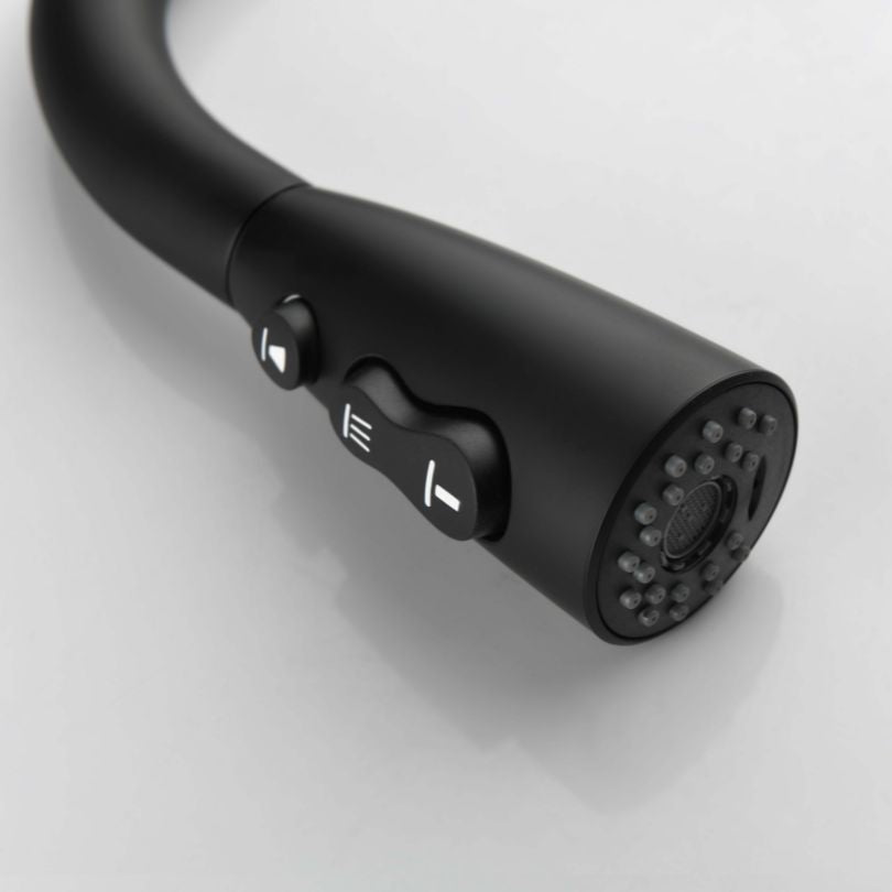 Side view of the high arc black kitchen faucet showcasing its brushed nickel finish.