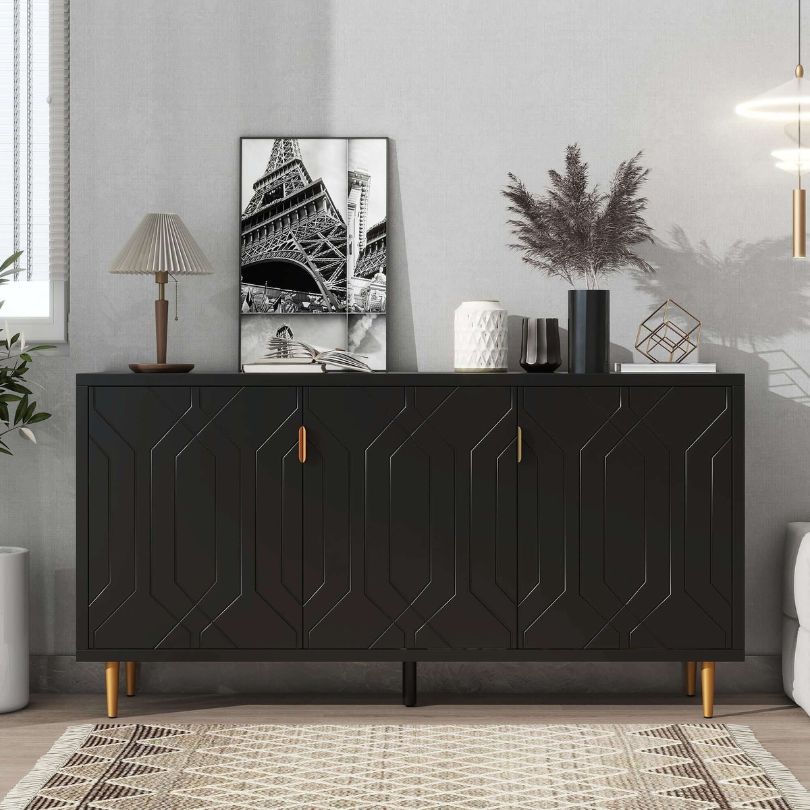 Sleek black console table with adjustable shelves in a modern living room setting.