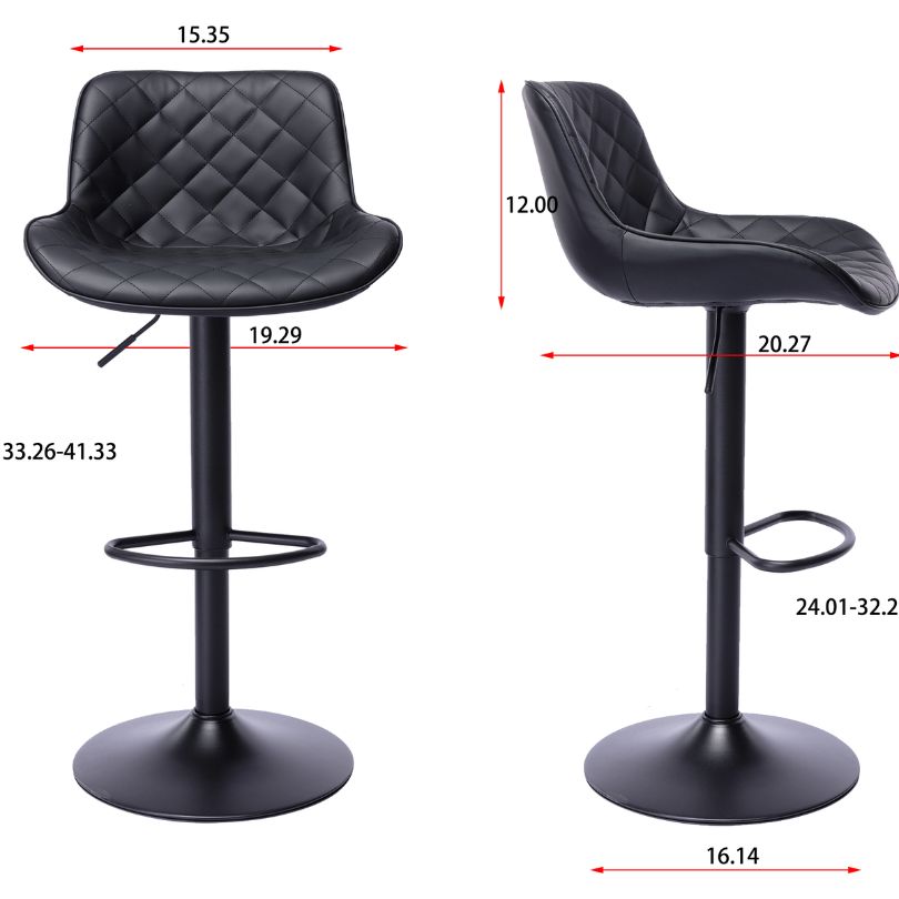 Side angle of black velvet bar stools displaying the adjustable height feature in a modern dining setting.