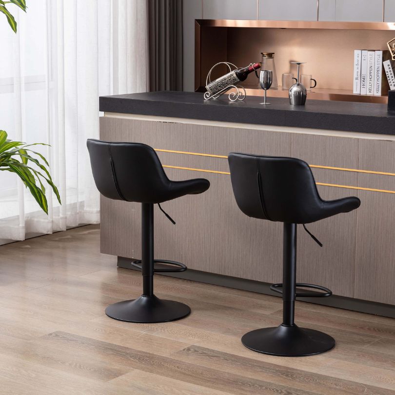 Front view of Sophisticated Adjustable Black Velvet Bar Stools showcasing plush material and sleek design.