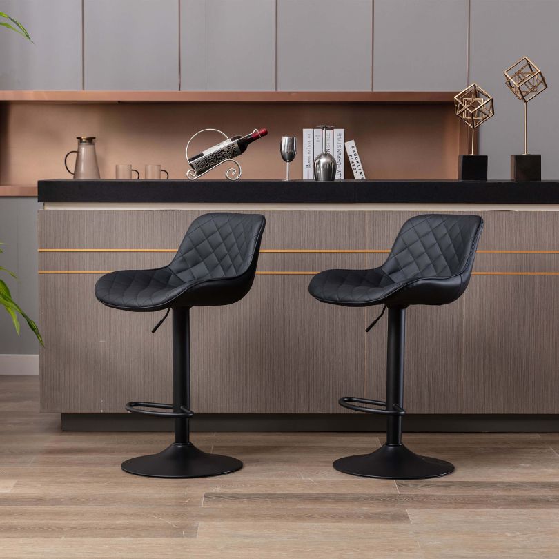 Front view of Sophisticated Adjustable Black Velvet Bar Stools showcasing plush material and sleek design.
