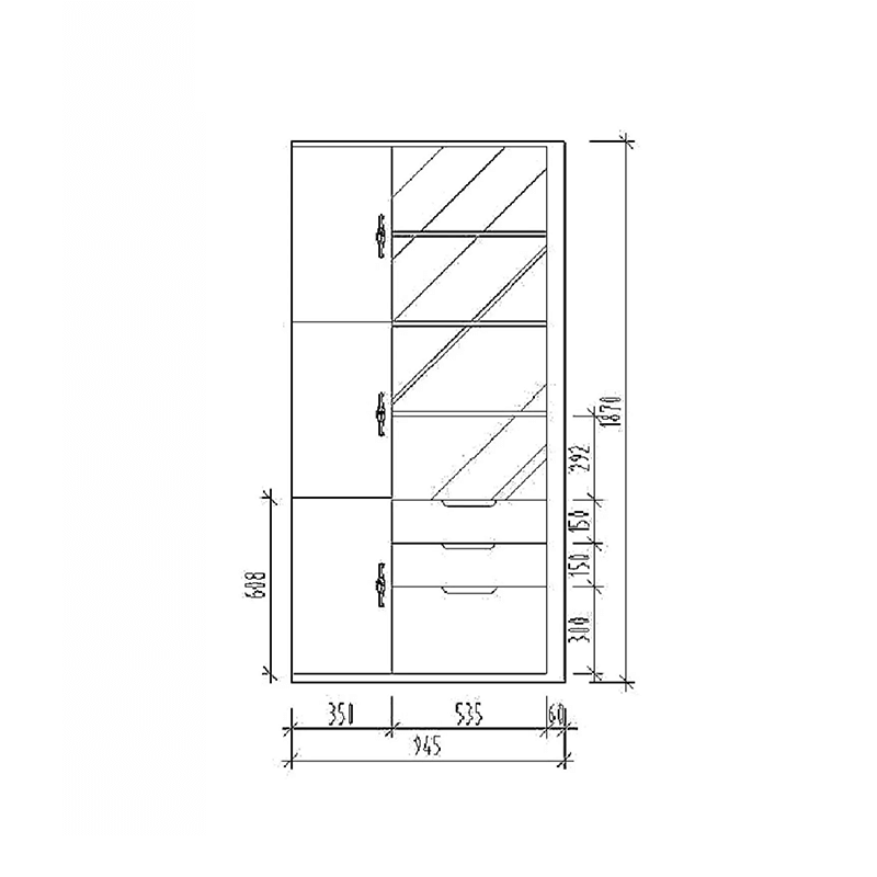 Elegant black walnut wine cabinet showcasing wine bottles and glasses from a side angle.