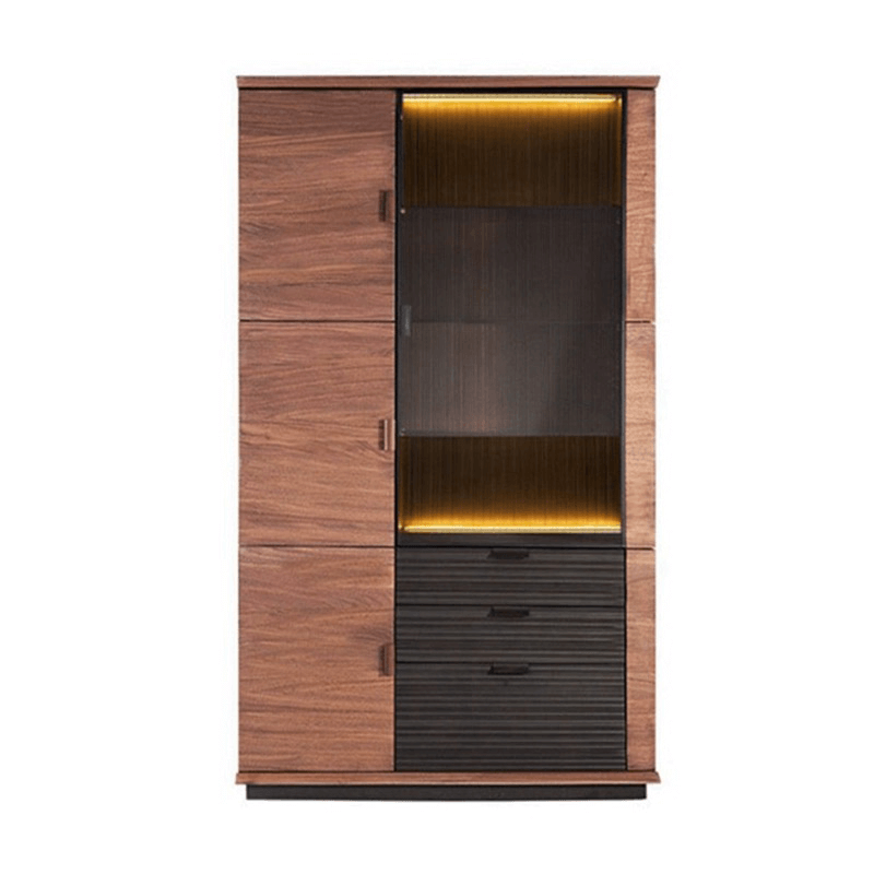 Close-up of the glass door on the modern wine cabinet highlighting the elegant design.