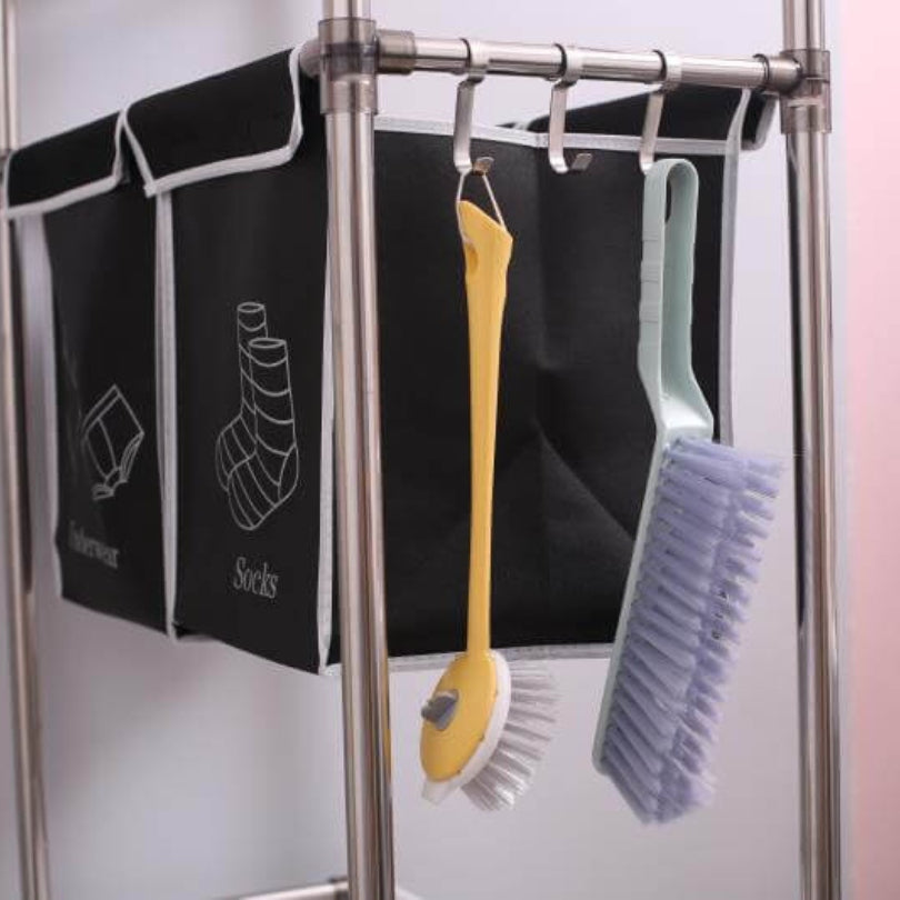 Side angle of the stylish laundry hamper with hooks for added convenience, perfect for any bathroom.